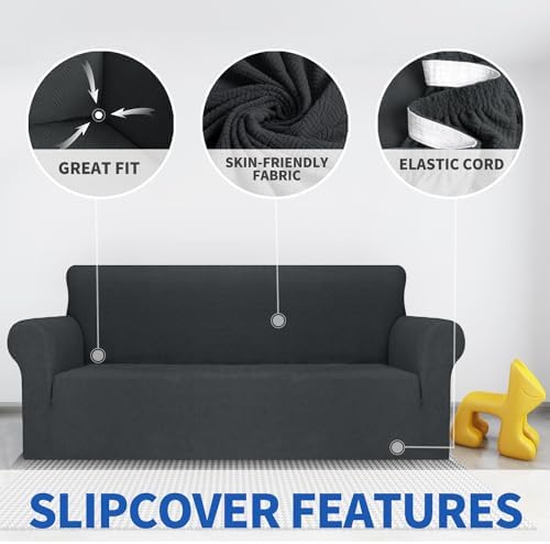 MAXIJIN Couch Covers for 3 Cushion Couch Sofa (71"-91"), 1-Piece Stretch Sofa Cover Slipcover Furniture Protector with Elastic Bottom for Kids,Dogs (Large, Diamond Pattern Gray) - Image 3
