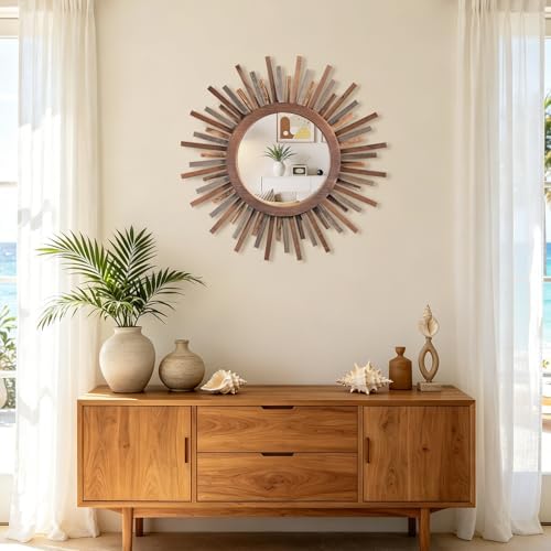 18 Inch Boho Sunburst Mirror, Decorative Rustic Farmhouse Wall Decor for Living Room, Bedroom, Bathroom, Hallway - Tricolor Wood Frame - Image 2