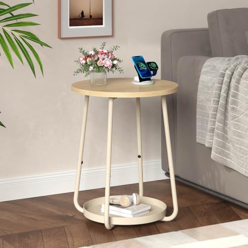 sthmec Small Round Side End Table with Storage, 2 Tier Round Bedside Sofa Couch Coffee Tables with Tray, Metal Nightstand for Small Spaces, Living Room Bedroom, Natural - Image 6