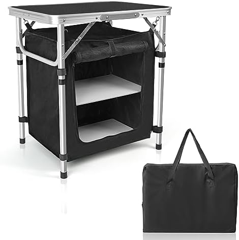 CampLand Folding Cooking Table Outdoor Portable Cook Station Aluminum Camping Kitchen with Storage Organizer, Windscreen, Hooks for BBQ, Party (SamllBlack) by CampLand