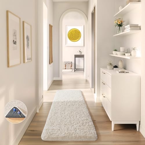 Ophanie Runner Rug for Hallway, 2x6 Upgrade Non-Slip Fluffy Soft Bedside Rugs, Bedroom Living Room Ivory Shaggy Carpet for Kids Girls Boys Dorm Nursery Home Decor Aesthetic by Ophanie