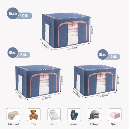 GuliPostan 3 Pack 24L Stackable Clothes Storage Bins with Metal Frame Handles & Zipper, Collapsible Closet Organizer Box with Lid for Bedding Blankets Towel (Navy) - Image 2