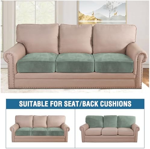 H.VERSAILTEX Velvet Stretch Couch Cushion Cover Plush Cushion Slipcover for Chair Loveseat Sofa Cushion Furniture Protector Seat Cushion Sofa Cover (3 Piece Sofa Cushion Covers, Sea Grass) - Image 3