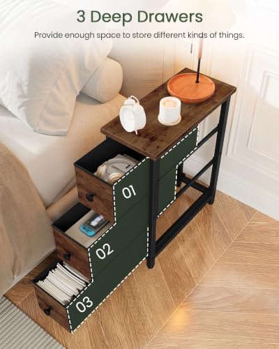 CHOEZON Narrow Side Table with 3 Fabric Drawers, Industrial Slim Bedside Table for Small Spaces, Bedroom, Living Room, Dormitory, Rustic Brown and Black TBZ09BF - Image 4