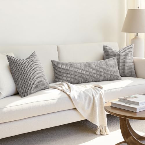MIULEE Lumbar Corduroy Throw Pillow Cover for Bed 14x36 Light Grey Set of 1 - Image 4