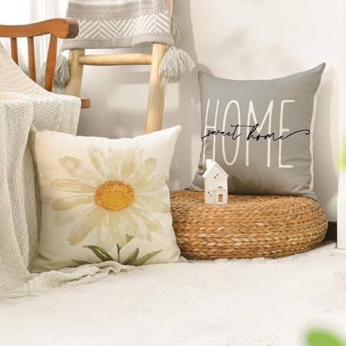 AVOIN colorlife Home Sweet Home Spring Summer Flowers Throw Pillow Covers, 16 x 16 Inch Grey Cushion Case for Sofa Couch Set of 4 - Image 5