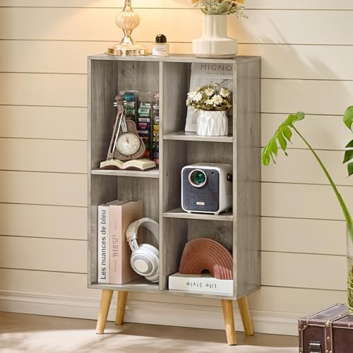 LEYAOYAO 5 Cube Bookshelf, Mid-Century Modern Book Shelf with Legs, Grey - Image 6