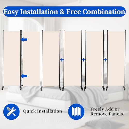 Room Divider 6FT 6 Panel Folding Privacy Screen with Lockable Wheels,Beige - Image 2
