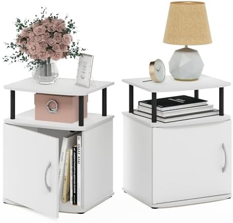 Furinno Jaya Side Table Set of 2, 2-Tier Open Shelf End Table with Door Cabinet, Soft-Edges Night Stand, Bedside Table, for Living Room, Bedroom, White by Furinno-FitsYourSpaceFitsYourBudget
