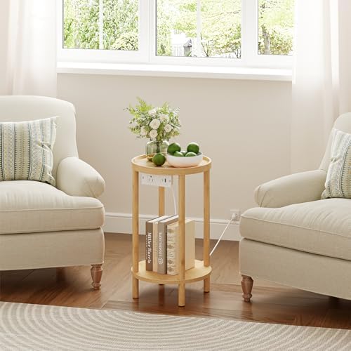 HOOBRO Small Round Side Table with Charging Station, 2-Tier Round Bamboo End Table, Compact Sofa Bedside Table for Small Space, Easy Assembly, for Living Room, Bedroom, Apartment, Natural YL156UBZ01 - Image 5