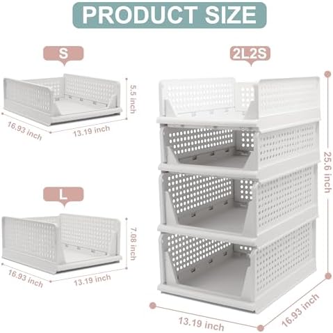 Goderewild Stackable Foldable Storage Baskets, Folding Storage Bins, Closet Organizers and Plastic Drawer Shelf Storage Container for Wardrobe, Cupboard, Kitchen, Bathroom, Office (White, 2L2S) - Image 2