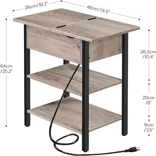 HOOBRO Side Table, Flip End Table with Charging Station and Shelves, USB Ports & Power Outlets, Narrow Nightstand for Small Spaces, Living Room, Stable and Sturdy, Greige and Black BG341BZ01 - Image 3