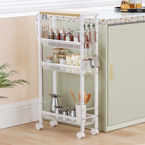 Slim Rolling Cart, 4-Tier Narrow Kitchen Storage Cart, Slim Utility Cart on Wheel, Skinny Bathroom Storage cart with Wood Tabletop, 6.0" Deep, for Kitchen, Living Room, Laundry Room, White - Image 3