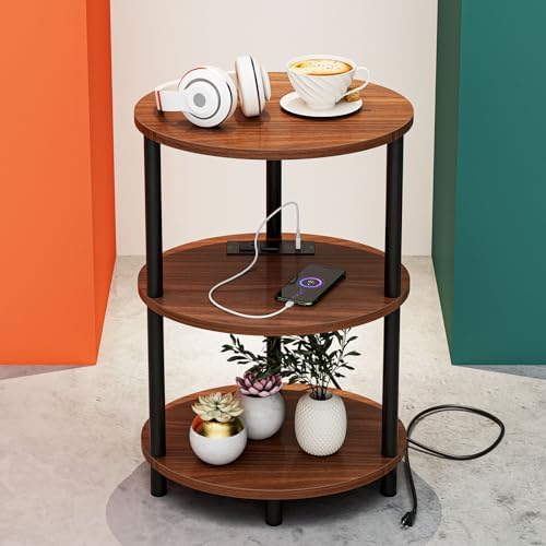 Small Round Side Table - 3-Tier Oval Accent Table for Small Spaces, Rustic Wood and Metal Nightstand for Living Room or Bedroom, with Built-in USB Ports and Power Outlet, Rustic Walnut by RISWER
