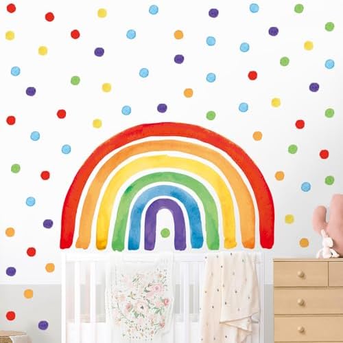 Large Rainbow Wall Decal, Peel and Stick Colourful Rainbows Wall Stickers, Multicolor Polka Dots Wall Decor, Vibrant Rainbow Decoration for Girls Bedroom Kids Nursery Classroom Playroom by Kasubeso