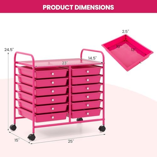 Giantex 12 Drawers Rolling Cart, Mobile Storage Drawer Cart, Classroom Organizer Cart for Office School Supplies Tools Scrapbook Paper Craft Small Printer, Utility Cart on Wheels, Hot Pink - Image 3