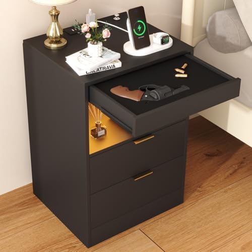 Yusong Night Stand with Gun Drawer & Invisible Lock, Bedside Table, LED Nightstand with Charging Station, Modern Night Stand, Wood Sofa Couch End Side Table with 2 Pull-Out Shelf (Black 002) by Yusong