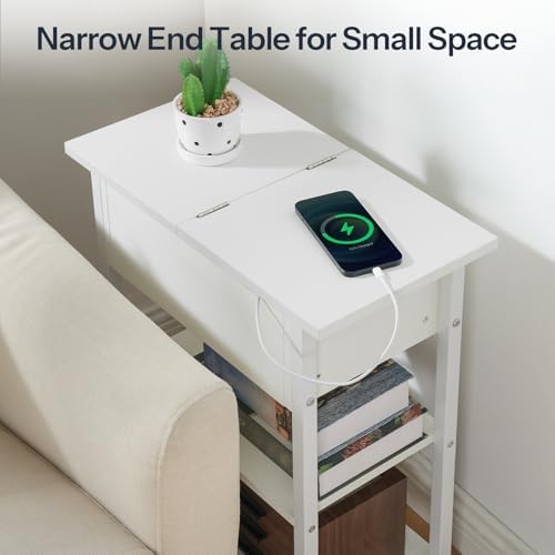 HOOBRO End Table with Charging Station, Narrow Side Table, Flip Top Nightstand with USB Ports and Outlets, Bedside Tables with Shelf for Small Spaces, Living Room, White WT341BZ01 - Image 4