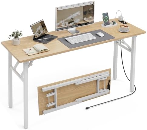 XBurmo Small Folding Desk Folding Table, No Assembly Foldable Desk Gaming Desk, 55.1-Inch Computer Table Workstation with 2 AC Outlets and 2 USB Ports for Bedroom and Home Office, Light Maple by XBurmo