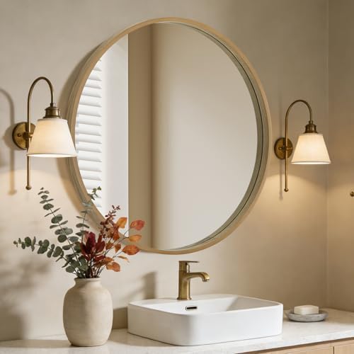 WallBeyond Round Wood Mirror, 36" Round Modern Decoration Large Circle Wall Mirror for Bathroom Living Room Bedroom Entryway, Natural - Image 2