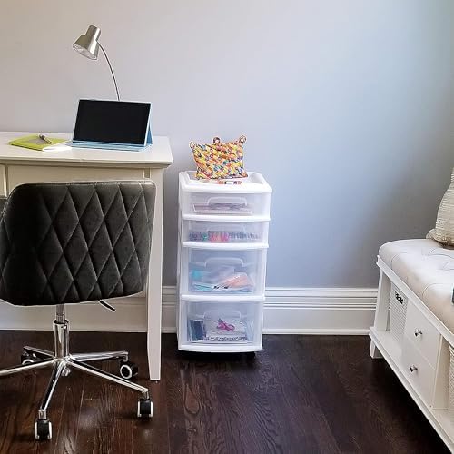 HOMZ Drawer Tower, 4-Tier Storage Cart with Removable Wheels, White Frame - Image 2