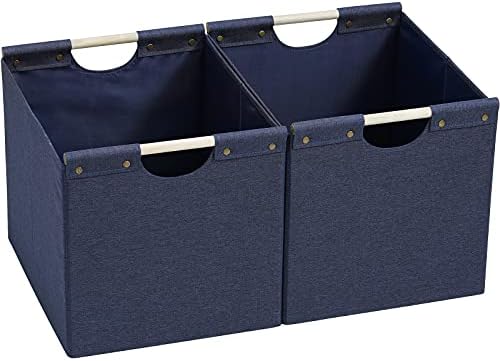 HOONEX Large Foldable Storage Bins, Linen Fabric, Pack of 2, Storage Baskets with Wooden Carry Handles and Sturdy Heavy Cardboard, for Home, Office, Car, Nursery, Blue by HOONEX