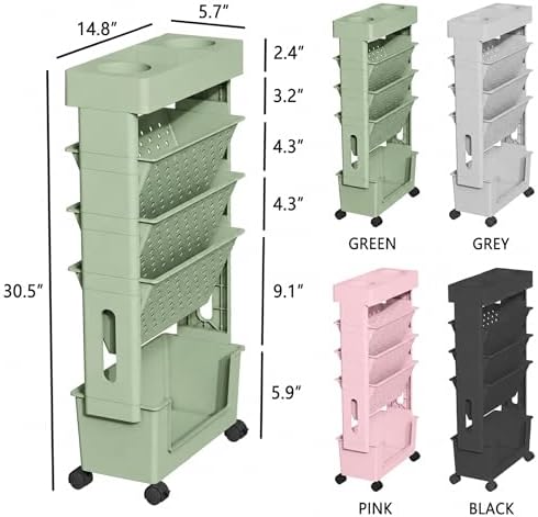 5-Tier Rolling Bookshelf Magazine Rack with Wheels Green - Image 3
