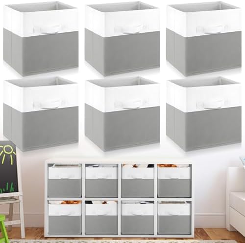 Yinder 6 Pcs Cube Storage Bin White Gray 10.5''x10.5''x11'' Storage Bins for Playroom Decor Colorful Bins for Kids Foldable Baskets for Nursery Organizer Boxes Fabric Boxes by Yinder