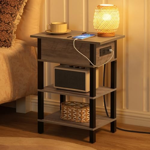 HOOBRO End Table with Charging Station, Flip Top Side Table with USB Ports, Narrow Nightstand Bedside Tables with Storage Shelves, for Small Space, Living Room,Greige and Black BG141UBZ01 - Image 2