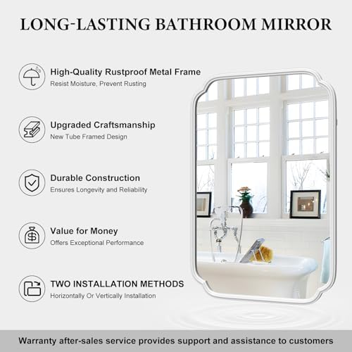 Ferytange White Bathroom Mirror for Wall 20×30 Inch - Multi-Size Durable Iron Frame, Shatterproof Glass, Versatile for Bathroom/Bedroom/Living Room Decor (Horizontal or Vertical Mount) - Image 6