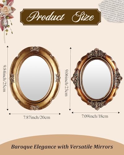 Wonderjune 3 Pcs Vintage Gold Mirror Set for Wall Decorative Resin Frame Ornate Antique Hanging and Tabletop Mirror for Home Dresser Gallery Decor Photography Props Gift (Retro Style) - Image 2