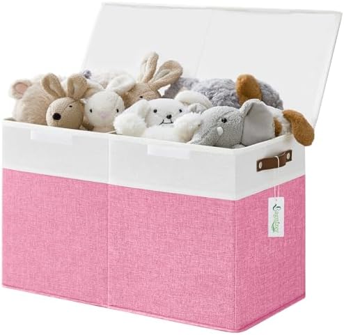Bagnizer Large Toy Storage Box with Lids, Collapsible Sturdy Baby Storage Organizer Chest Bin Basket for Kids, Boys, Girls, Playroom, Nursery, Bedroom, Closet 25"x13"x16" (Pink and White) by Bagnizer