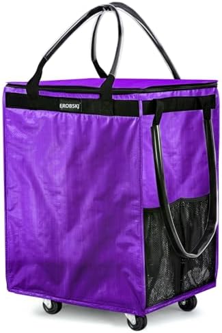 (Medium,Violet) Reusable Grocery Bag on Wheels, 70L Foldable Rolling Tote, Extra Storage for Shopping, Zipper Clouser Shopping Carts for Groceries, Laundry, Camping, Moving, 4 Heavy Duty Wheels by EROBSKJ