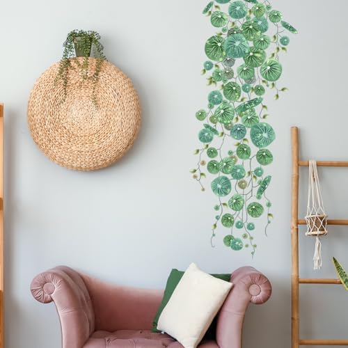Hanging Green Vine Wall Decals,Succulent Plants Wisteria Floral Flowers Butterflies Birds Wall Stickers, Self-Adhesive Vinyl Removable Living Room Sofa TV Wall Decor by ZARROUEA