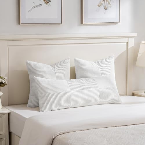 Fancy Homi Set of 2 White Boho Long Lumbar Body Decorative Throw Pillow Cover 14x36 Inch for Bed Couch Bedroom Bench, Soft Patchwork Corduroy Textured Pillow Case, Rustic Farmhouse Room Décor - Image 2