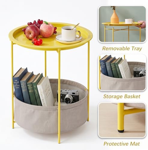 VECELO Round Side/End Table with Fabric Storage Basket，Metal Anti-Rust and Waterproof Small Bedside Nightstand with Removable Tray Top for Living Room，Balcony & Laundry，Yellow /2pcs with Basket - Image 5