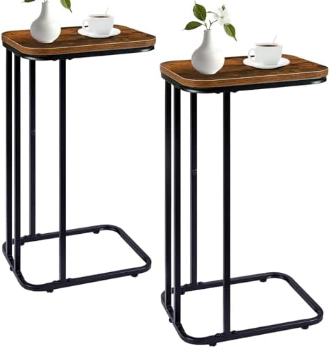 KJGKK C Shaped End Table Set of 2, Small Side Table for Sofa and Bed, Couch Tables That Slide Under, Tall Tv Tray Table for Living Room, Bedroom, Rustic Brown & Black by KJGKKHOME