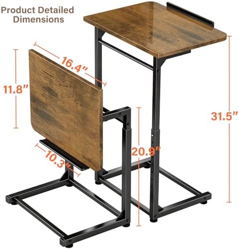 Tv Tray Table, 8-Level Adjustable Height Couch Side Table，90° Tilt Angle Adjustments C-Shaped End Table, with Phone & Tablet Slot Sofa Computer Desk for Couch, Sofa, Bed, Chair, Living Room (Brown) - Image 2