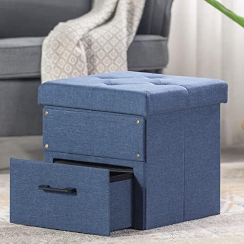 Mellow Stockbox Ottoman with Storage Drawer, 15" Cube Collapsible Bench -Stool, Blue by OttoBen