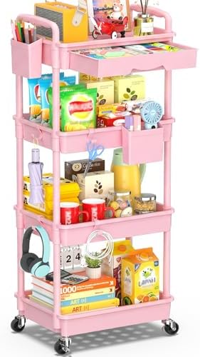 SUNALLY 4 Tier Rolling Cart with Drawer, Craft Storage Cart Organizer, Pink by SUNALLY