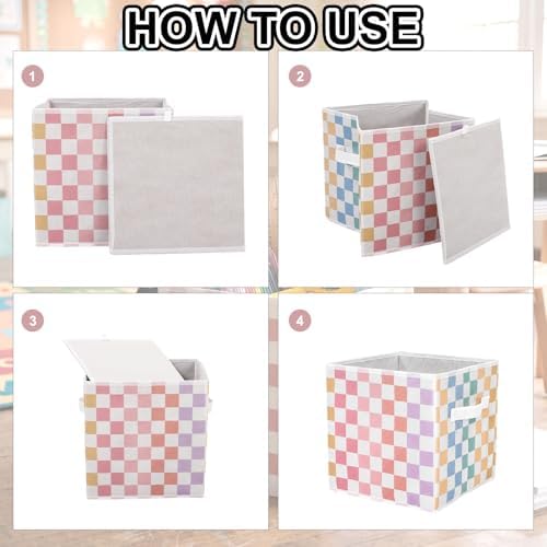 Bokon 6 Pcs 11'' Colorful Gingham Fabric Storage Cubes Foldable Cube Bins - Image 4