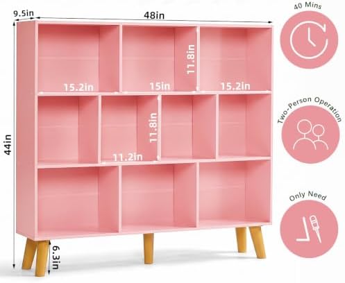 YAHARBO 10 Cube Bookshelf,3 Tier Bookcase with Legs,Light Pink Mid-Century Modern Bookshelves,Large Free Standing Open Storage Organizer Shelf,Tall Wooden Book Case Furniture for Bedroom,Living Room - Image 2