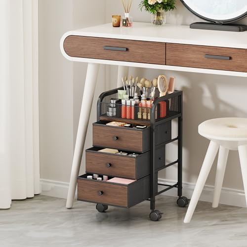 SWTYMIKI Rolling Makeup Organizer Cart - Under Desk Vanity Makeup Storage with 3 Non-woven Drawers, Nail Cart Organizer Cosmetic Display Cases Cabinet for Skin Care Perfume Nail Polish Brush Hair Tool - Image 5