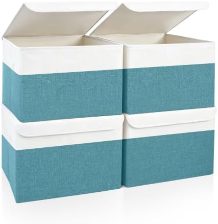Bagnizer Large 22 Quart Linen Fabric Foldable Storage Bin Cube Organizer Basket with Flip-Top Lid & Handles, Clothes Blanket Box for Home, Office, Closet, Teal & White, 4 Pack 14.6 x 9.5 x 9.5 by Bagnizer