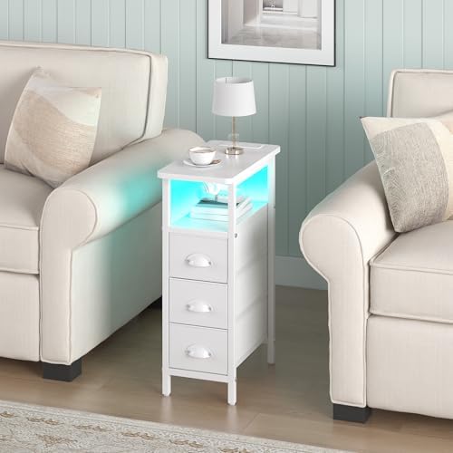 shtmec Narrow End Table Set of 2 with Charging Station, LED Side Tables Set 2 with Fabric Drawers, Small Bedside Tables Nightstands for Small Space, Slim Sofa Couch Table for Livingroom, White - Image 2