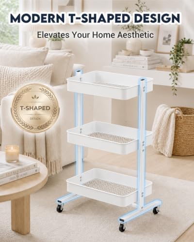 ZOES HOMEWARE 3 Tier Metal Rolling Cart by T-Frame Design on Wheels,White - Image 6
