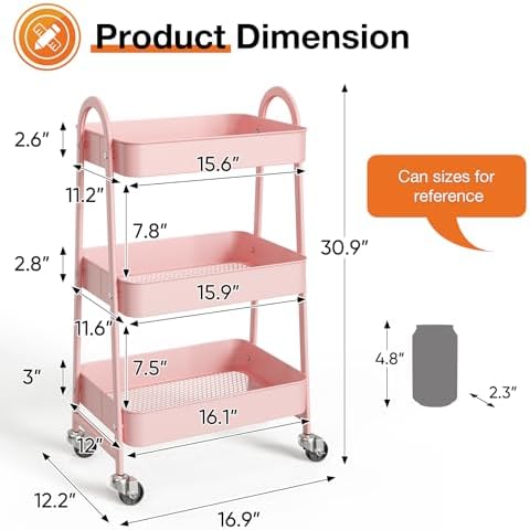NEWBULIG 3-Tier Metal Rolling Cart with Lockable Wheels, Heavy Duty Mobile Utility Storage Shelf, Roller Book Snack Cart, Organization for Livingroom, Bathroom, Office, Pink - Image 4