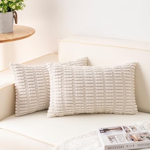 Pack of 2 Corduroy Decorative Throw Pillow Covers 12x20 Inch, Cream White by Unknown