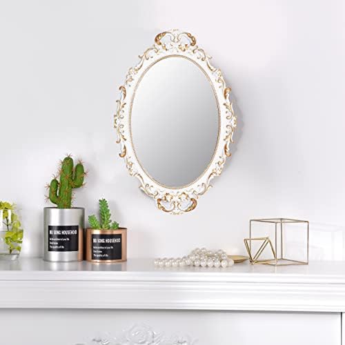 Tstarer 2 Pack - Vintage Decorative White Framed Mirror, Wall Hanging Mirrors & Tabletop Tray for Bedroom Living Room Dresser Decor, Oval- 9.6" W x 14.3" L (WHITE-2PACK) - Image 2