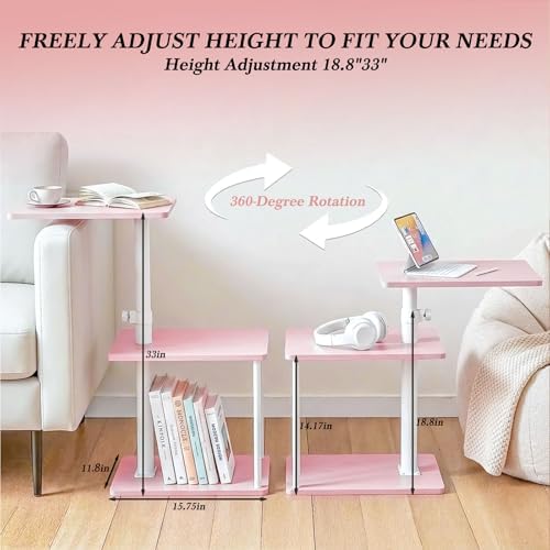 Faesun Swivel Side Table for Couch Arm, Adjustable C End Table for Recliner or Bed, Tv Trays with Storage Shelf for Small Spaces Small Nightstand Table for Living Room, Bedroom，Pink - Image 4